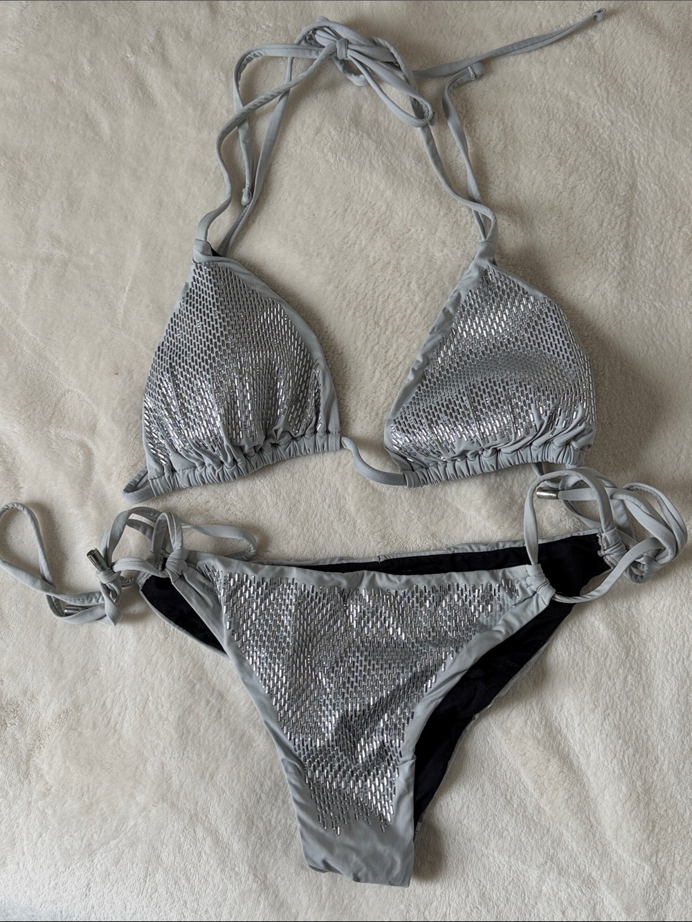 Silver Sequin Triangle Bikini Set - Women Swim